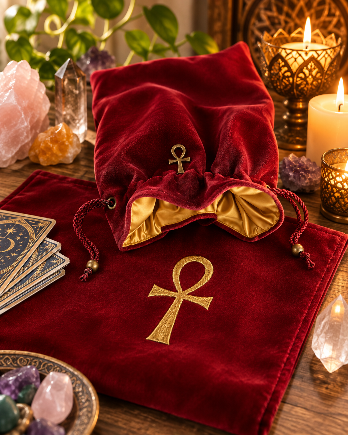 Paño Premium Llave Ankh para Lectura de Tarot y Oráculo · Terciopelo Rojo