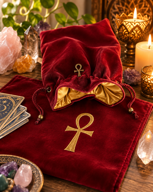 Paño Premium Llave Ankh para Lectura de Tarot y Oráculo · Terciopelo Rojo